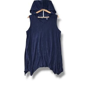 AnyBody Women's L Petite Navy Blue Terry Cloth Sleeveless Hooded Swim Cover Up